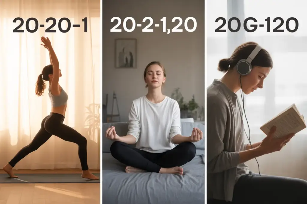 A triptych image illustrating the 20 20 20 morning routine: 20 minutes of exercise, 20 minutes of reflection, and 20 minutes of personal growth.