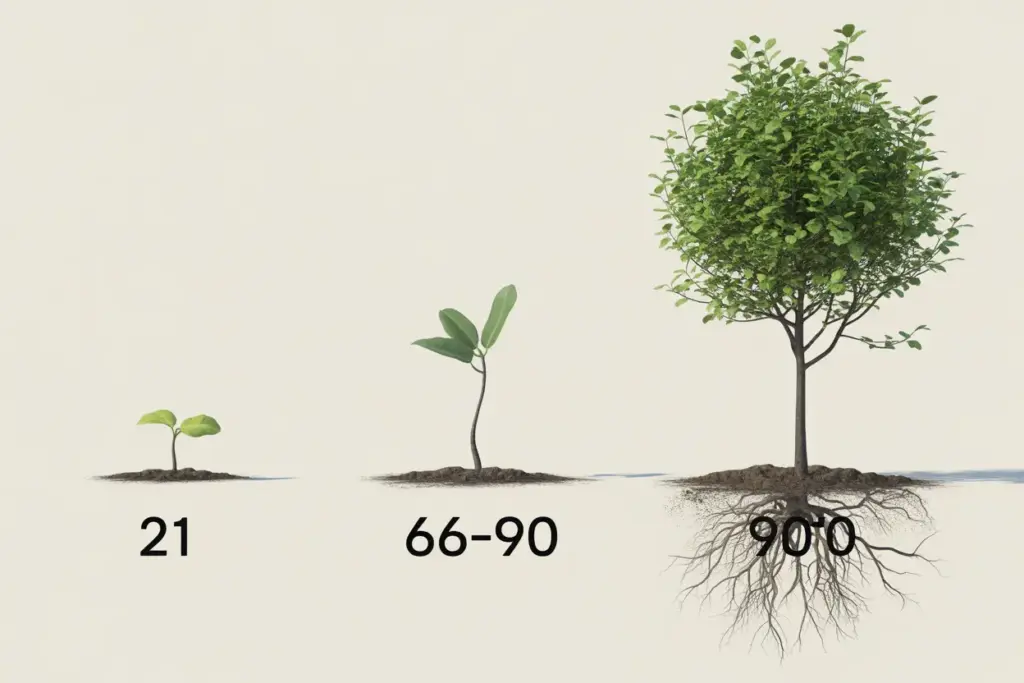 An illustration of the 21 66 90 rule for habit formation, showing a plant growing from a sprout to a sapling to a tree to represent the timeline of behavior change.