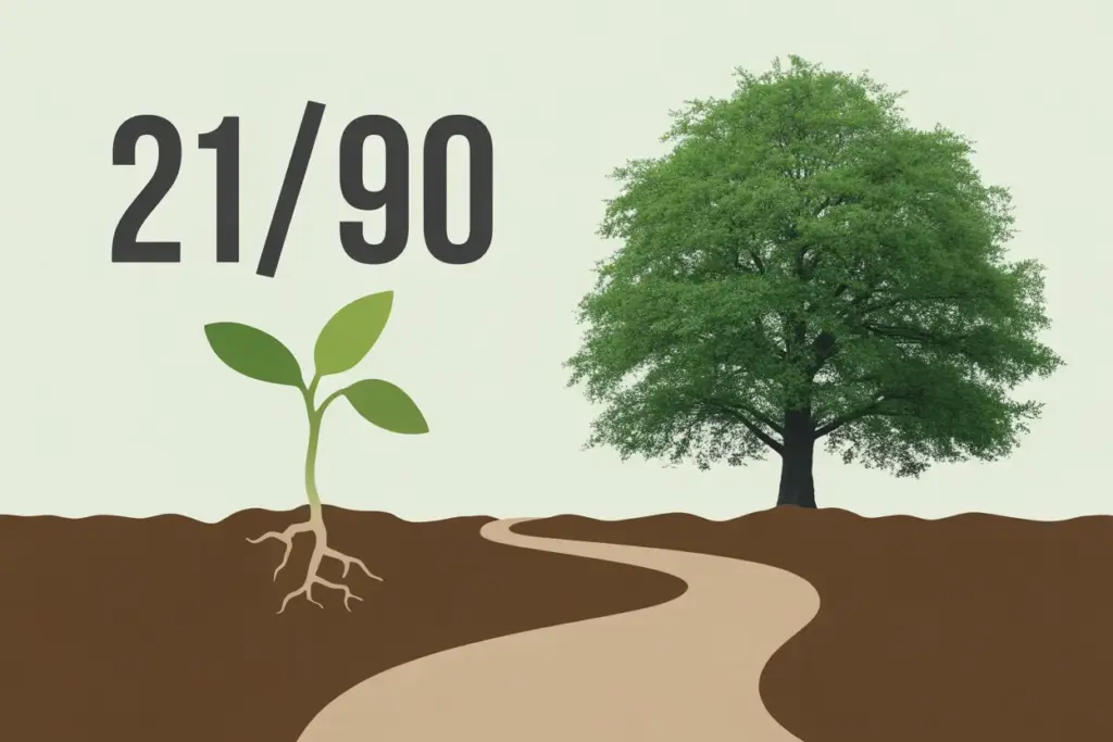 An illustration of the 21 90 rule habits, showing a sprout growing into a tree to represent forming a lasting habit over 21 and 90 days.