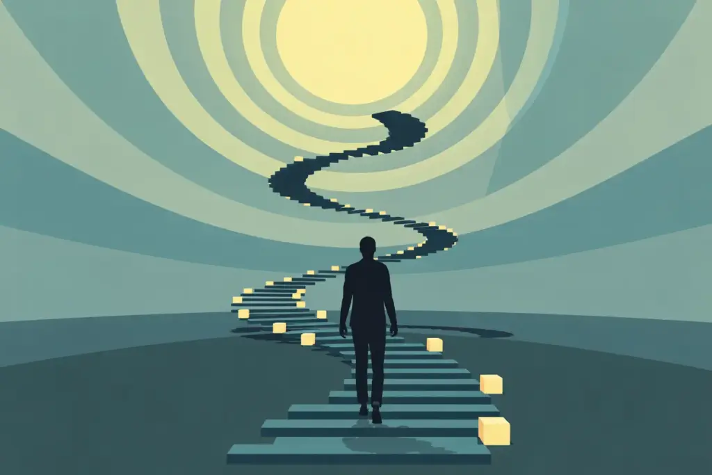 An illustration of the 4 atomic habits, showing small, glowing steps leading to significant personal growth, representing lasting behavior change.