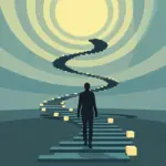 An illustration of the 4 atomic habits, showing small, glowing steps leading to significant personal growth, representing lasting behavior change.