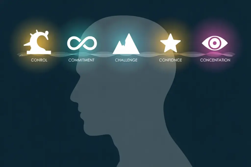 Illustration of the 5 C's of mental toughness: control, commitment, challenge, confidence, and concentration, symbolized inside a human head silhouette.