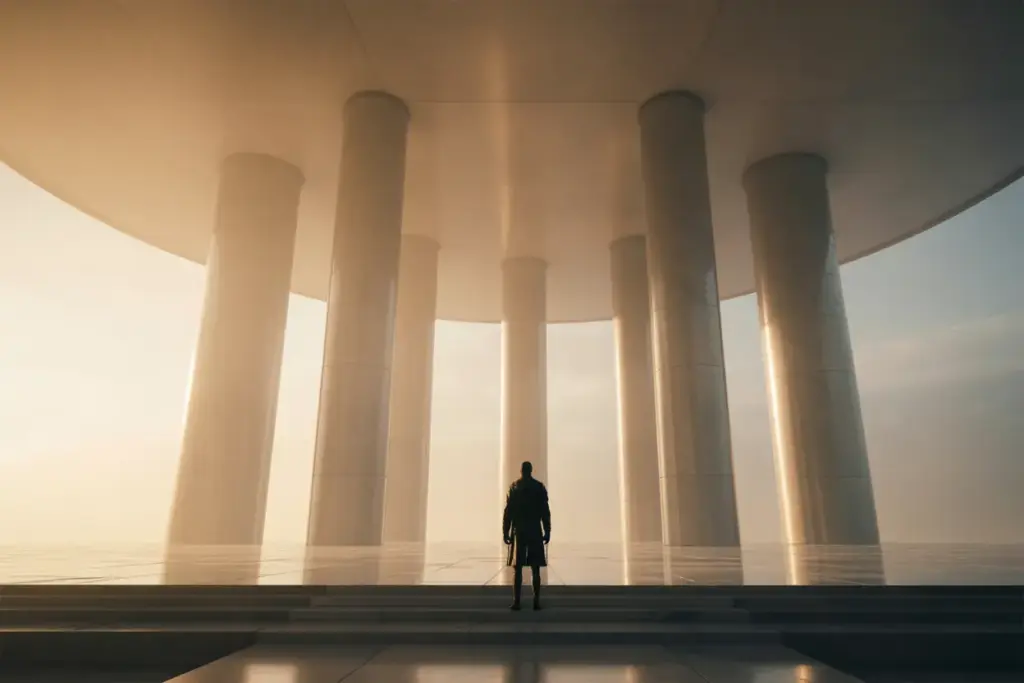 An illustration of the 5 pillars of self-discipline, showing a person standing before five glowing, majestic columns representing acceptance, willpower, hard work, industry, and persistence.