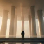 An illustration of the 5 pillars of self-discipline, showing a person standing before five glowing, majestic columns representing acceptance, willpower, hard work, industry, and persistence.