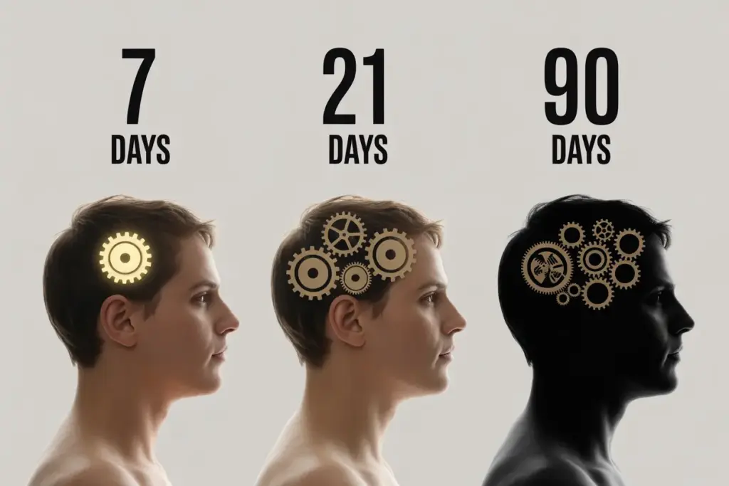 An illustration of the 7-21-90 rule for habits, showing a brain with gears progressing from a single spark to a fully automatic system, symbolizing behavior change.