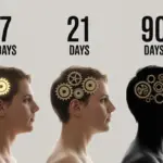 An illustration of the 7-21-90 rule for habits, showing a brain with gears progressing from a single spark to a fully automatic system, symbolizing behavior change.