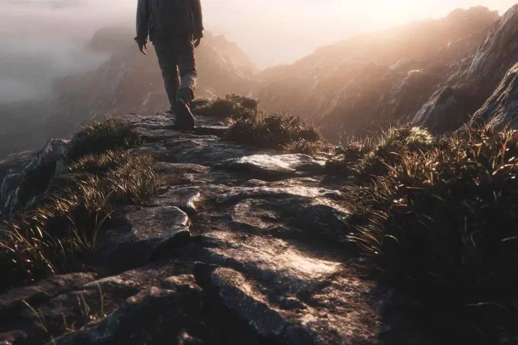 A person stepping onto a rugged mountain path at sunrise, symbolizing growth through discomfort.