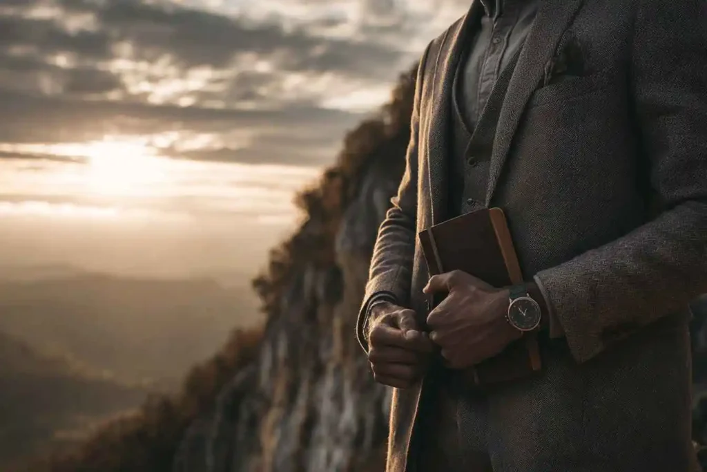 Discipline is freedom image of a man at sunrise controlling time on a mountain