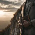 Discipline is freedom image of a man at sunrise controlling time on a mountain