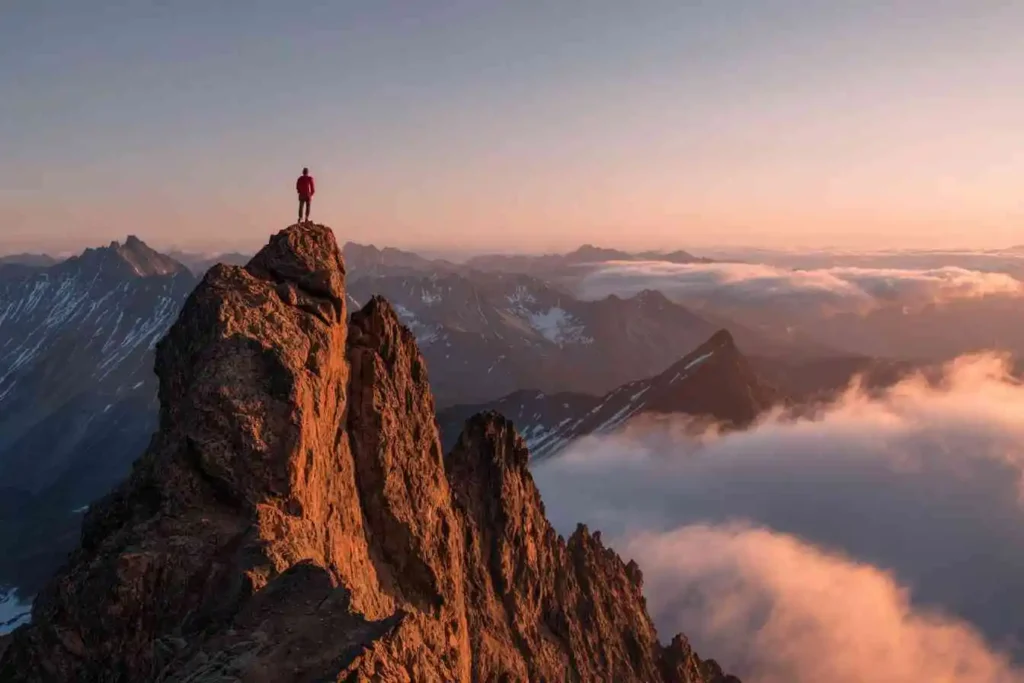 Failure Isn’t Final: A resilient figure standing on a mountain peak at sunrise, symbolizing strength after setbacks.