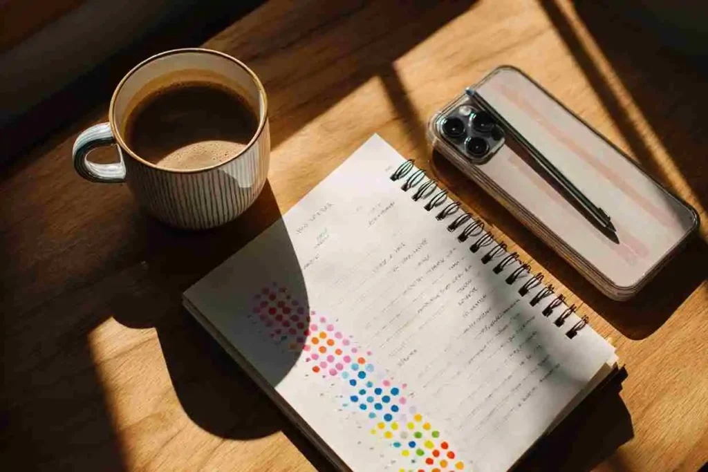 The Track Record Method notebook with a colorful habit tracker filled with checkmarks.