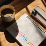 The Track Record Method notebook with a colorful habit tracker filled with checkmarks.