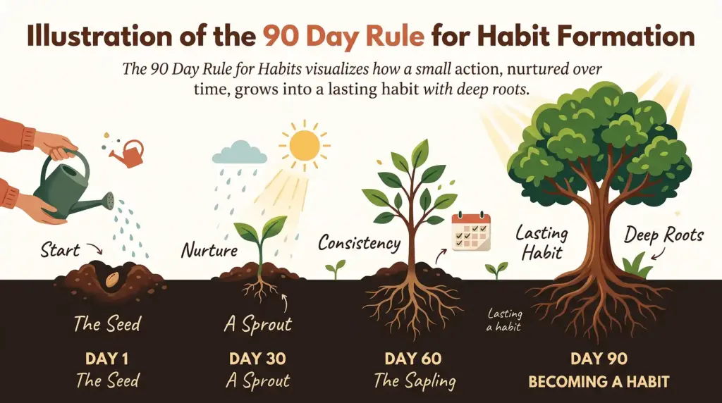 An infographic showing the 90 Day Rule for Habits, with a seed growing into a tree over 90 days to symbolize lasting habit formation.