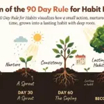 An infographic showing the 90 Day Rule for Habits, with a seed growing into a tree over 90 days to symbolize lasting habit formation.