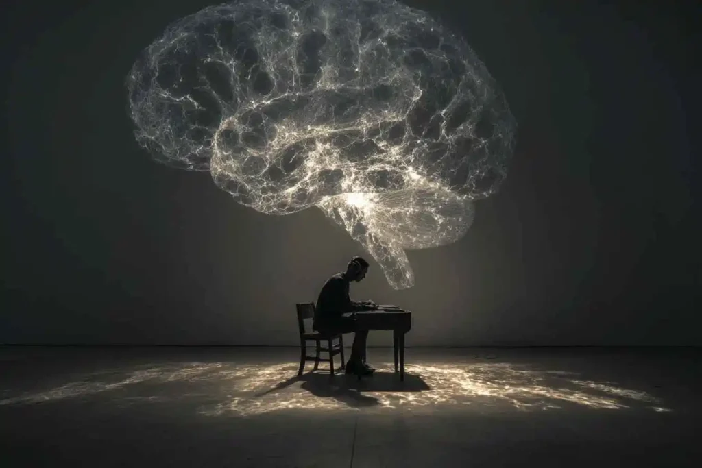 Mental toughness for focus visualized as a person training the brain like a muscle