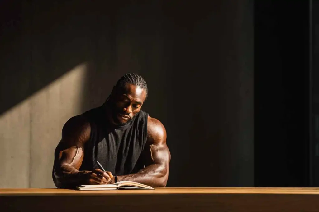 High performer writing tactical debrief notes in a journal after training