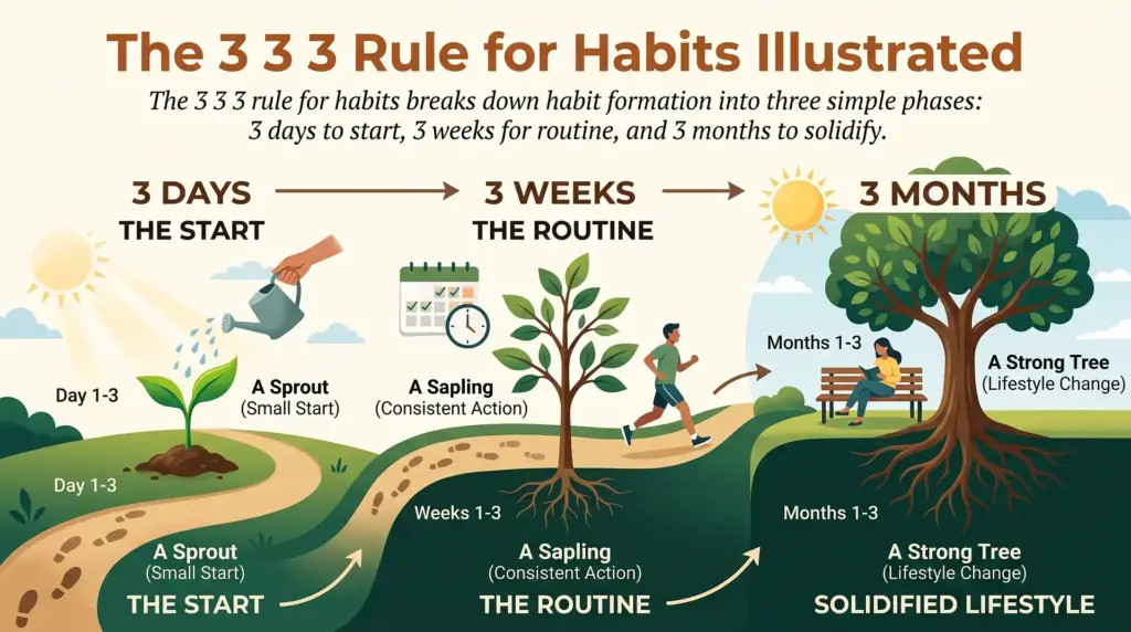 An infographic showing the 3 3 3 rule for habits, with a path and a plant growing in three stages from sprout to tree to illustrate habit formation.