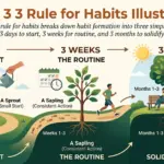 An infographic showing the 3 3 3 rule for habits, with a path and a plant growing in three stages from sprout to tree to illustrate habit formation.