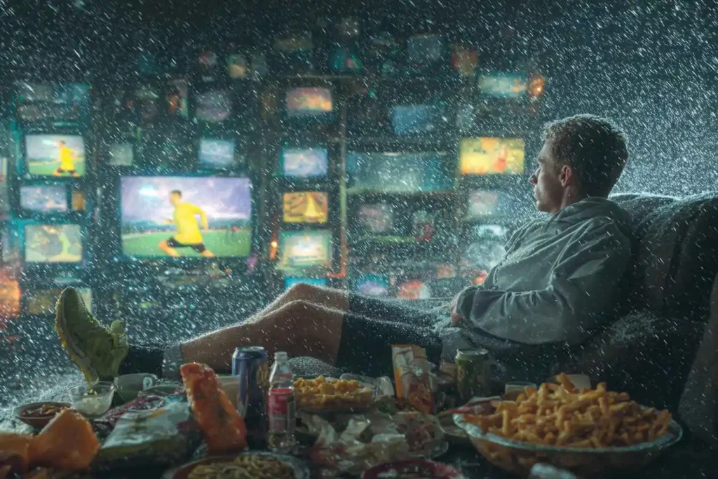 Contrast between comfort and discomfort—one person stagnant indoors, another growing outside in the rain.