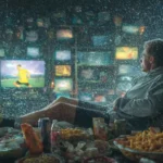 Contrast between comfort and discomfort—one person stagnant indoors, another growing outside in the rain.