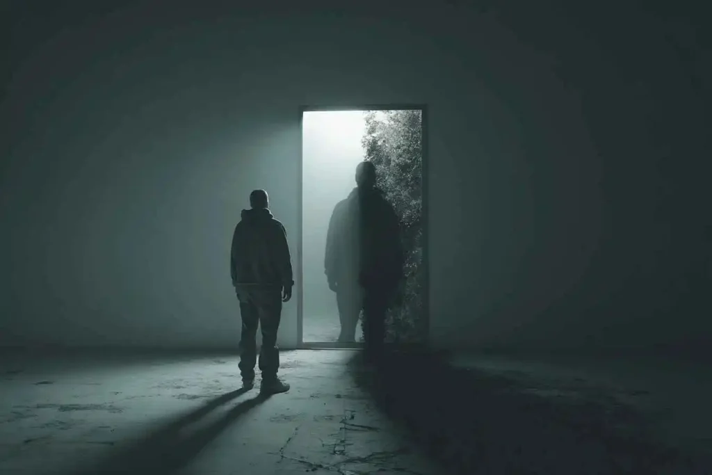 A realistic iPhone 15 Pro photo of a person standing before a mirror, with one side reflecting clarity and the other showing distortion, representing self-deception and mental loops.