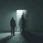 A realistic iPhone 15 Pro photo of a person standing before a mirror, with one side reflecting clarity and the other showing distortion, representing self-deception and mental loops.