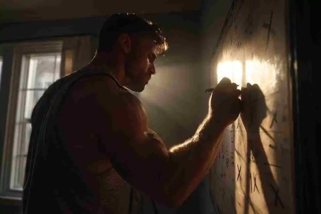 Warrior tracking daily habits on a calendar to build discipline.