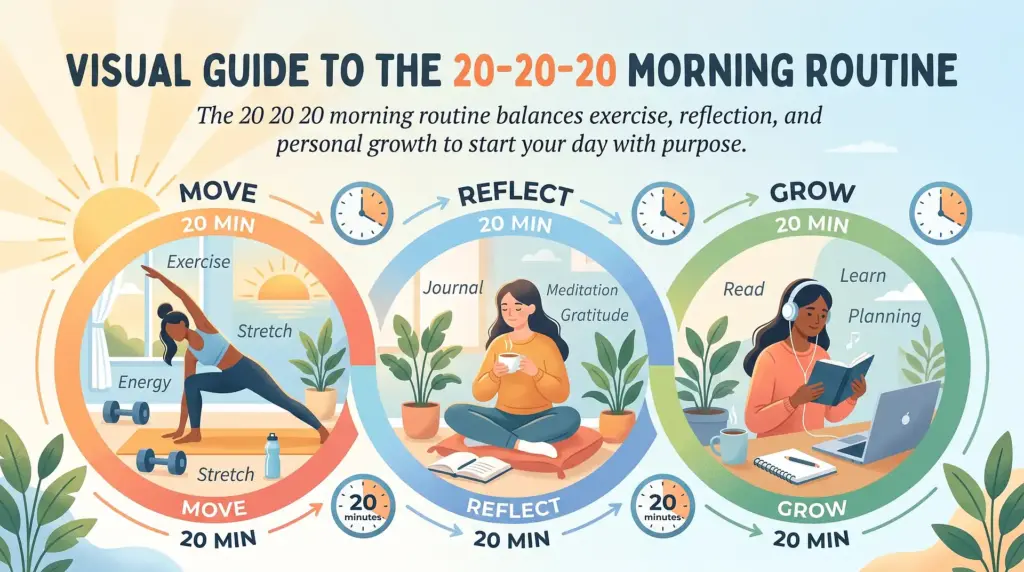 A triptych image illustrating the 20 20 20 morning routine: 20 minutes of exercise, 20 minutes of reflection, and 20 minutes of personal growth.