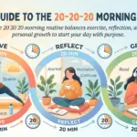 A triptych image illustrating the 20 20 20 morning routine: 20 minutes of exercise, 20 minutes of reflection, and 20 minutes of personal growth.