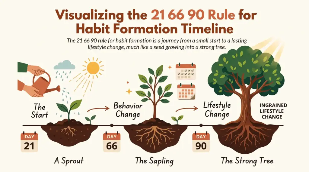 An illustration of the 21 66 90 rule for habit formation, showing a plant growing from a sprout to a sapling to a tree to represent the timeline of behavior change.