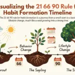 An illustration of the 21 66 90 rule for habit formation, showing a plant growing from a sprout to a sapling to a tree to represent the timeline of behavior change.