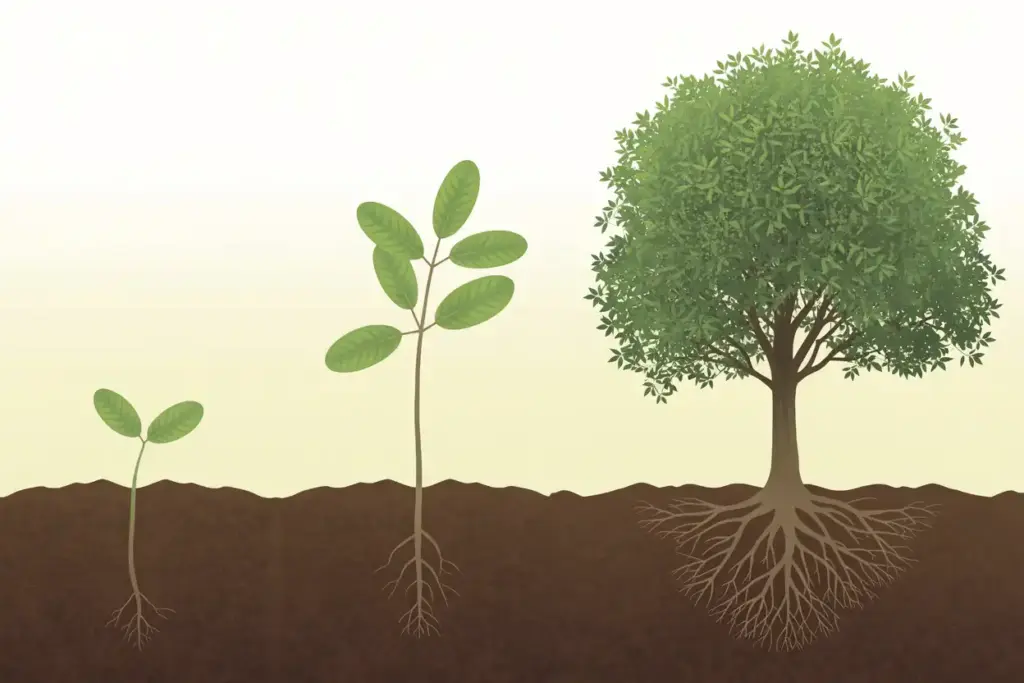An illustration of the 3-3-3 rule for habits, showing a plant's growth from a sprout to a sapling to a strong tree, symbolizing habit formation over time.