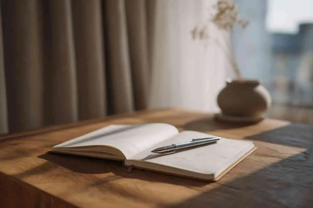 A clean minimalist desk with a journal, pen, and natural light, symbolizing a Weekly Habit Reset ritual for clarity and discipline.