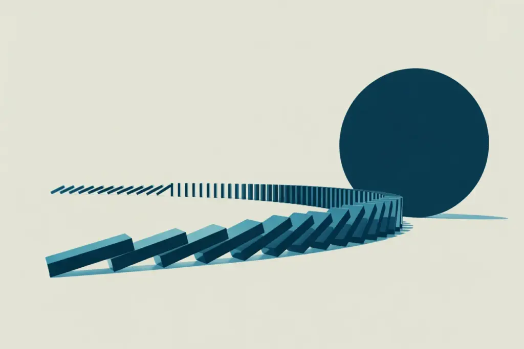 An illustration of the domino effect representing how small atomic habits examples lead to significant, lasting change.
