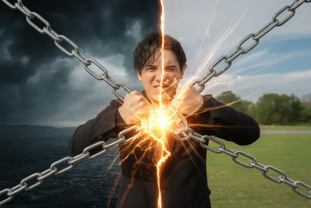 A powerful image showing a person breaking free from glowing chains, symbolizing the difficult process to break old habits that die hard.