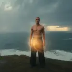 A person demonstrating psychological resilience by standing calmly on a cliff during a storm, protected by their inner strength. Build Psychological Resilience