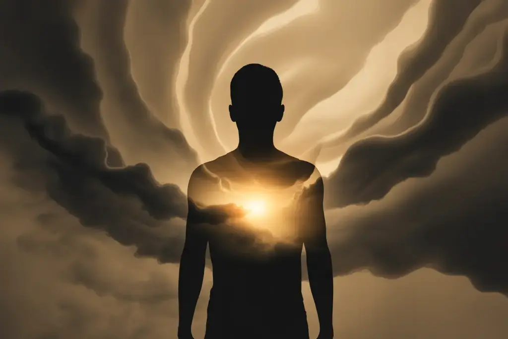 Illustration showing a person building resilience, with a glowing inner light representing self-esteem and purpose pushing back dark clouds of stress. ways to build resilience