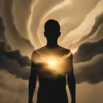Illustration showing a person building resilience, with a glowing inner light representing self-esteem and purpose pushing back dark clouds of stress. ways to build resilience