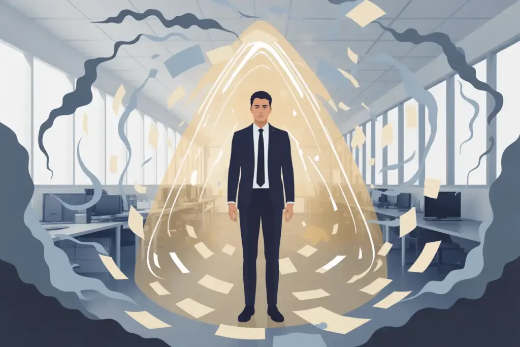 An illustration showing a calm professional building resilience at work, protected by a glowing shield from workplace stress and chaos.