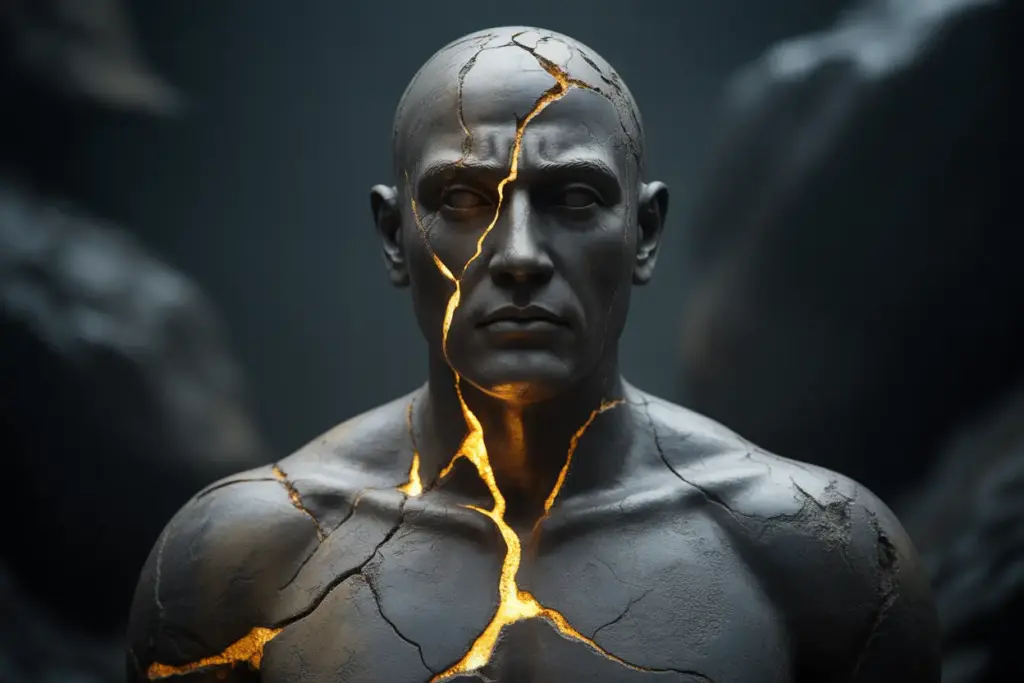A stone figure with glowing golden cracks, symbolizing the mental strength and resilience gained from developing an unbreakable mindset.