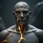 A stone figure with glowing golden cracks, symbolizing the mental strength and resilience gained from developing an unbreakable mindset.