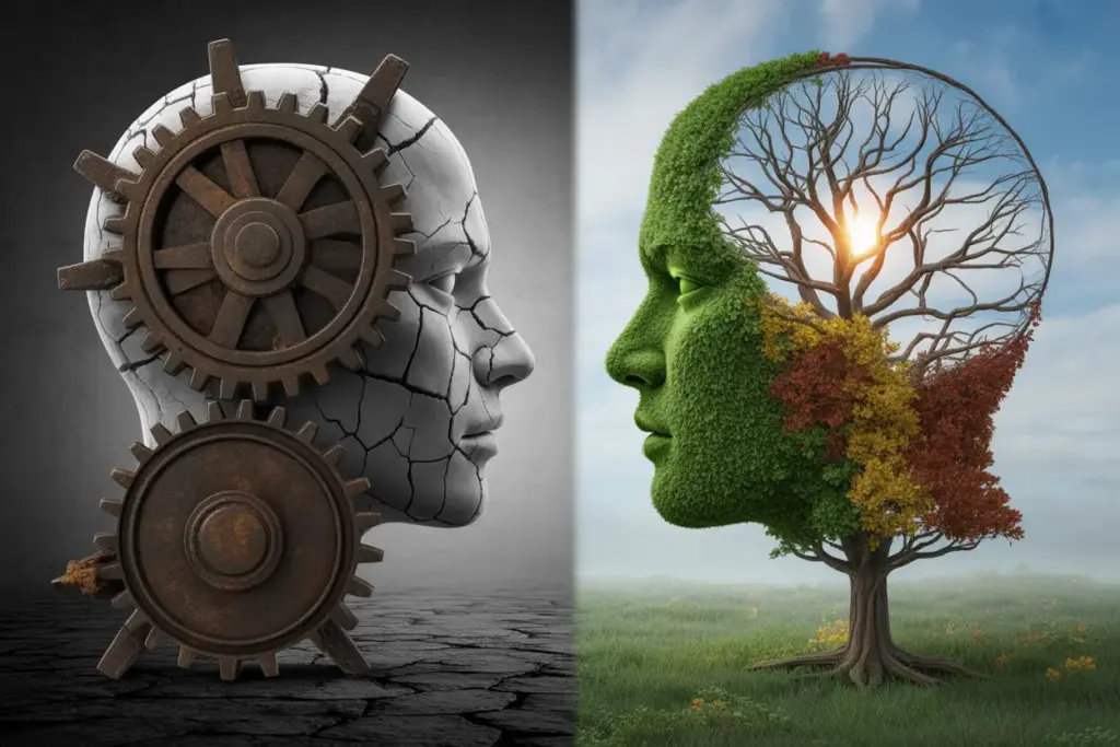 An illustration showing the causes of a fixed mindset, represented by a stone head with locked gears, contrasted with a growth mindset, shown as a head with a flourishing tree.
