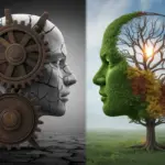 An illustration showing the causes of a fixed mindset, represented by a stone head with locked gears, contrasted with a growth mindset, shown as a head with a flourishing tree.