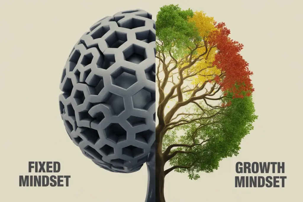 Symbolic image showing the characteristics of a growth mindset, with a brain that is half-metallic and fixed, and half-blossoming into a vibrant tree.