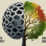 Symbolic image showing the characteristics of a growth mindset, with a brain that is half-metallic and fixed, and half-blossoming into a vibrant tree.