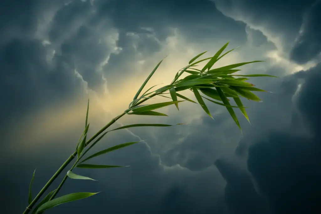 Illustration showing the core characteristics of a resilient person, symbolized by a strong bamboo stalk bending in a storm without breaking.