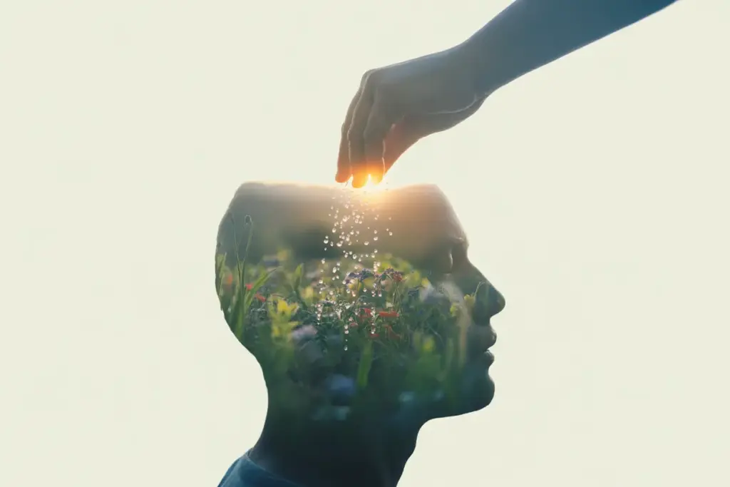 An illustration showing a human head silhouette with a garden growing inside, being watered to symbolize the cultivation of a positive mindset routine.