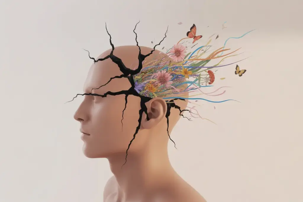 Illustration of a mind breaking free from rigid chains, symbolizing the process to develop a free mindset for mental freedom and personal growth.