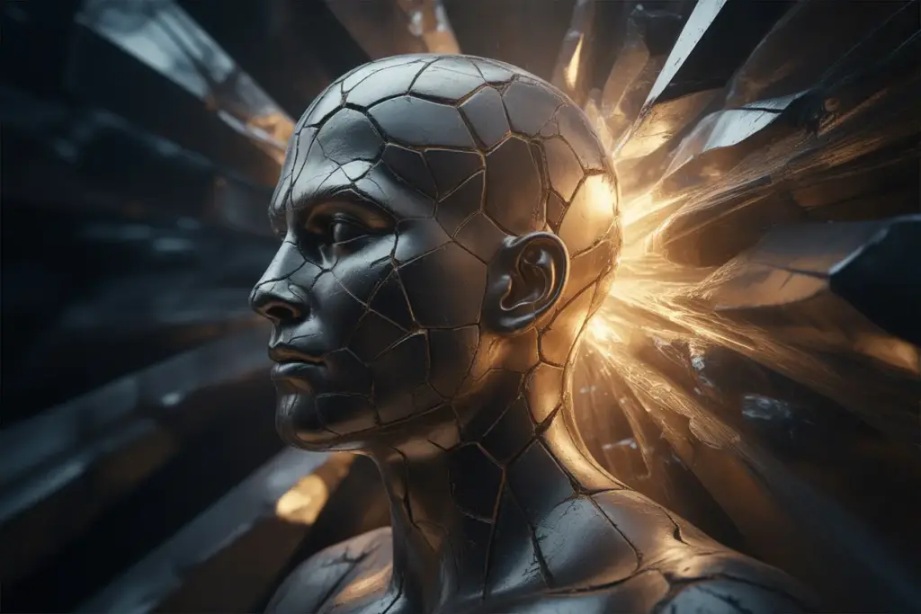 A stylized head made of interlocking geometric shapes, glowing with a powerful inner light, symbolizing the develop an unbreakable mindset and mental strength.