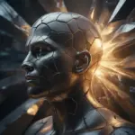 A stylized head made of interlocking geometric shapes, glowing with a powerful inner light, symbolizing the develop an unbreakable mindset and mental strength.